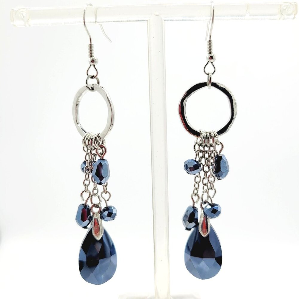 Silver Tone Black Chinese Crystal Drop Dangle Earrings Beautiful 3.5"